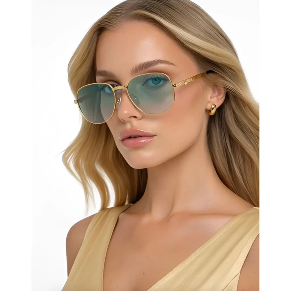 Gold Geometric‎ Sunglasses Teal Gradient Lens Metal Textured Frame Retro Women